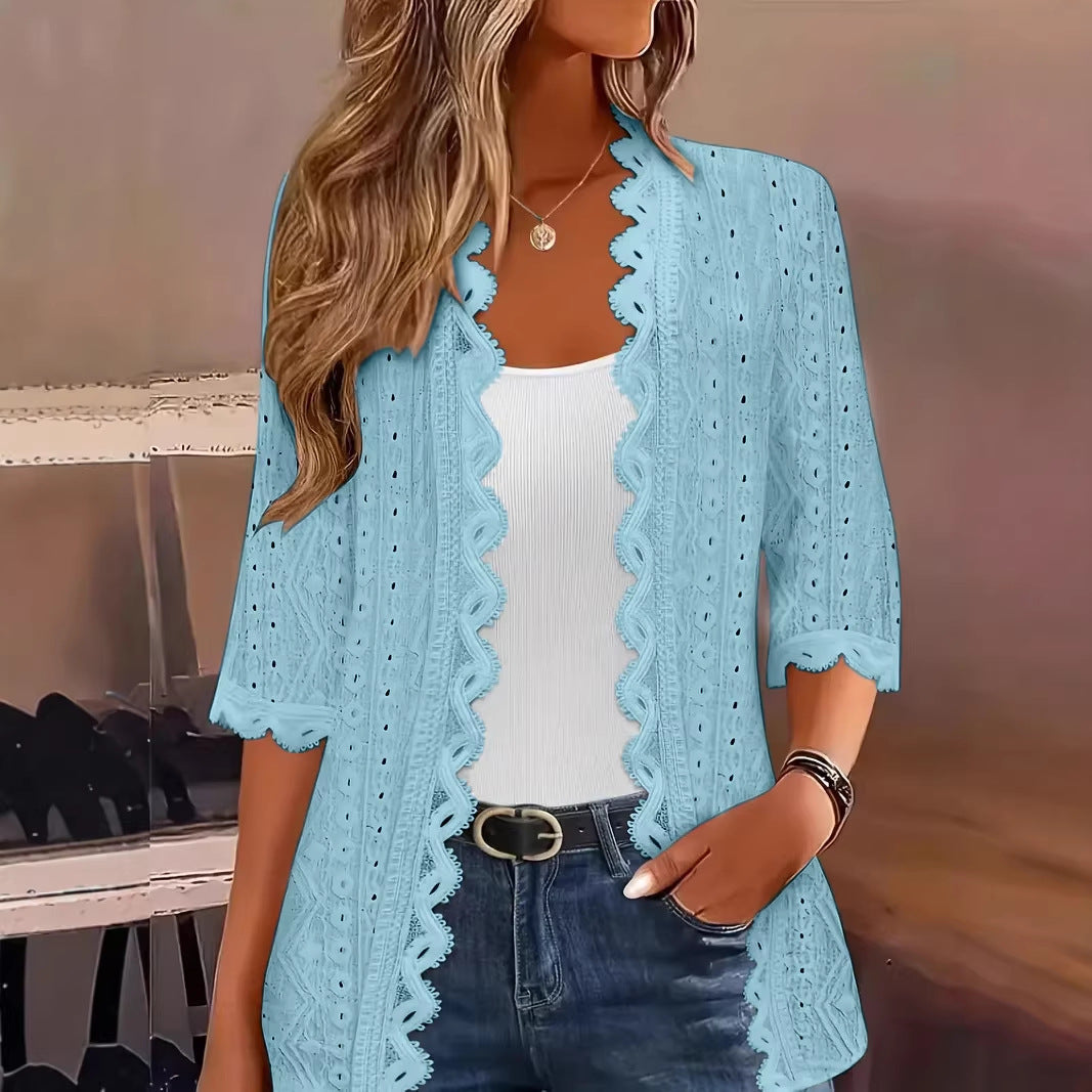Women's Half Sleeve Knitted Hollow Lace Neckline Women's T-shirt