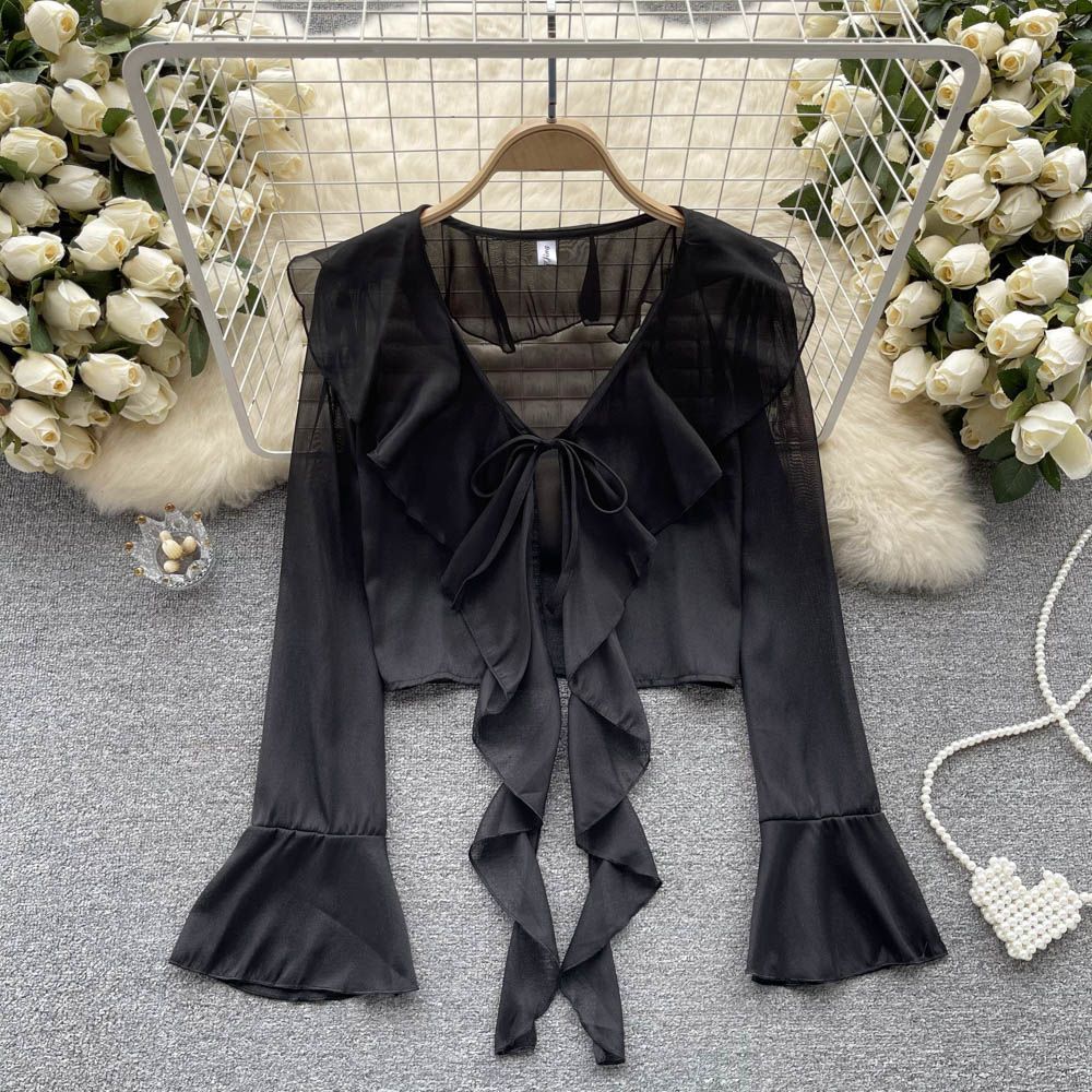 Women's Style Super Fairy Mesh Bow Strap Lace Shirt, Chiffon Shirt