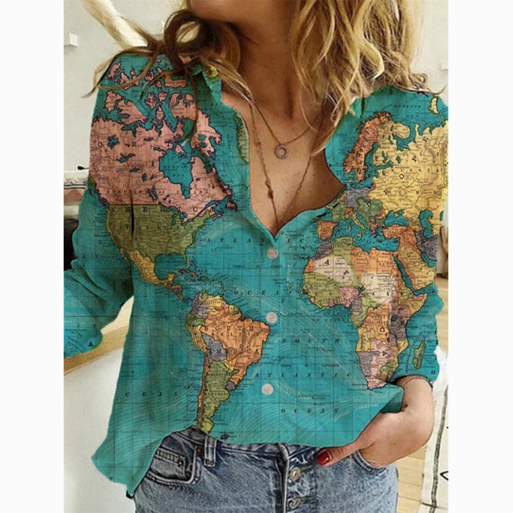 Women's Shirt Map Depicting Printed Long-sleeved Blouse