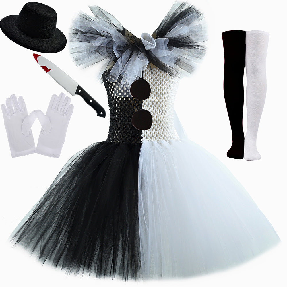 Children's Halloween Black White Clown Mesh Bubble Skirt Autumn Performance Children's Dress