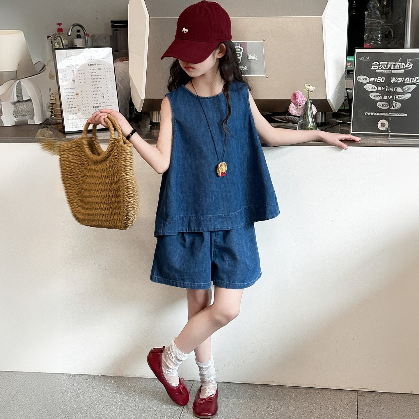 Children's Sleeveless Style Denim Shirt Shorts Two-piece Children's Suit