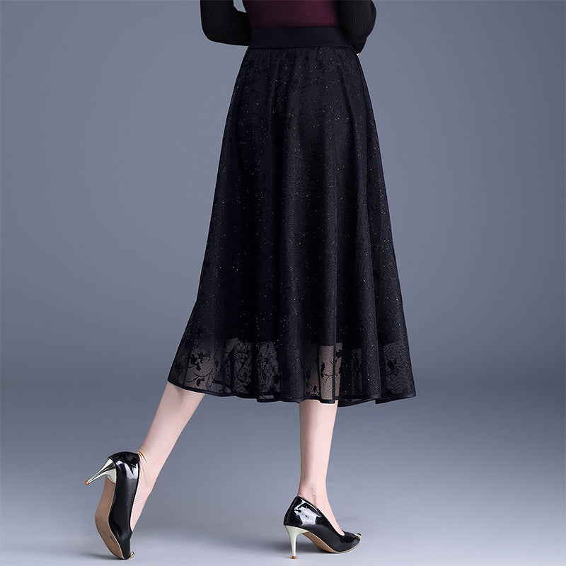 Women's Tulle High Waist Pleated Black Slimming A- Line Skirt