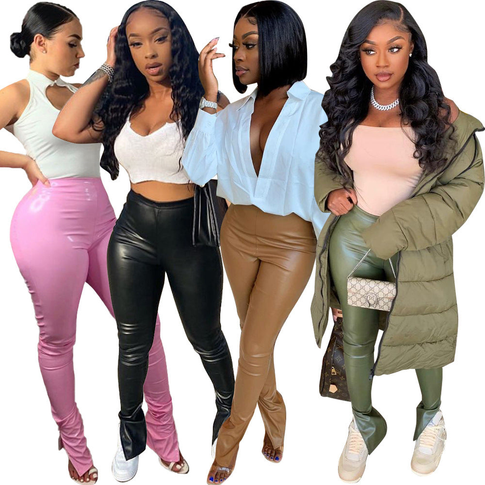 Women's Elastic Leather Sexy Slim Fit Slit Pants