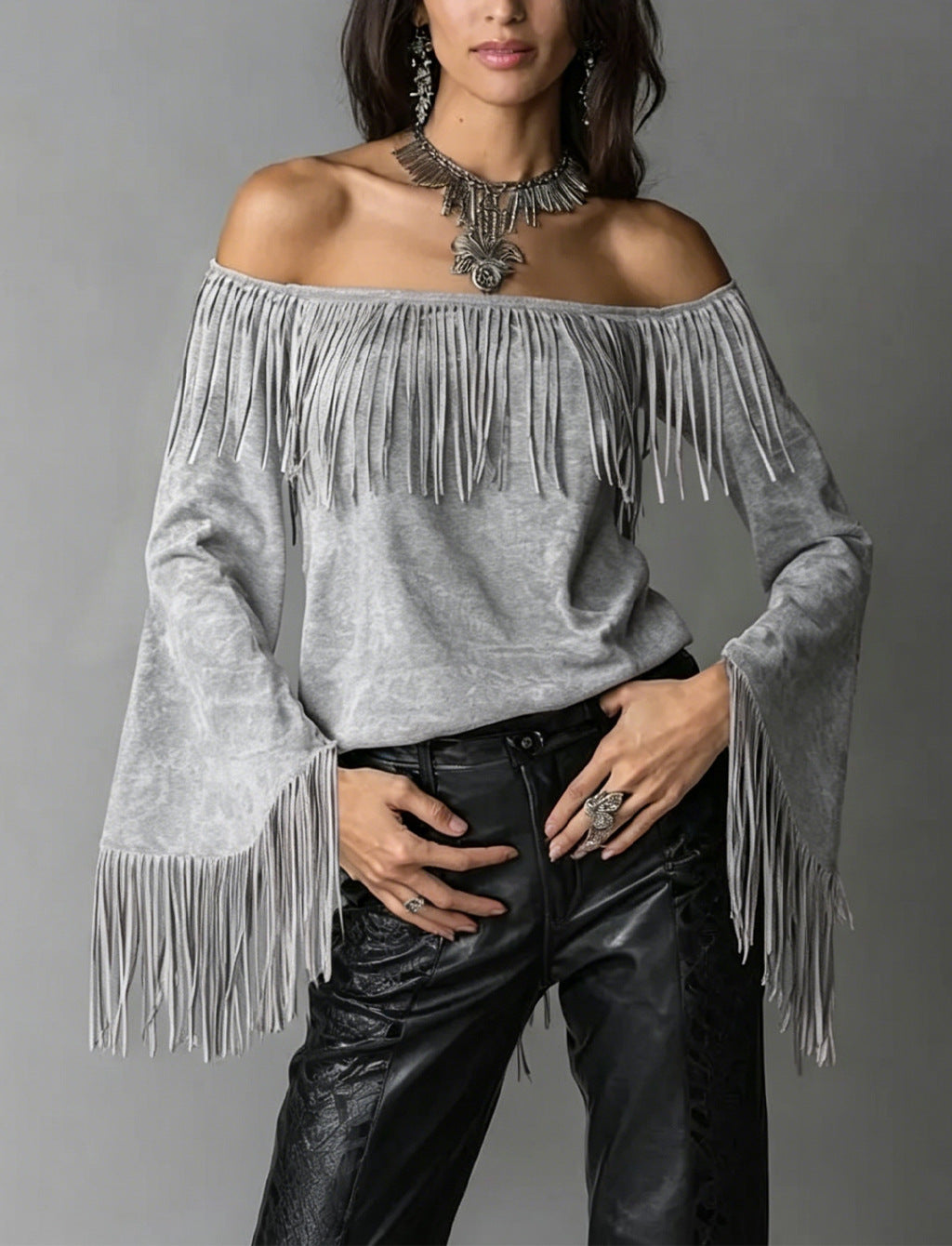 Women's Retro Tassel Suede Flared Long Sleeve Western Women's T-shirt