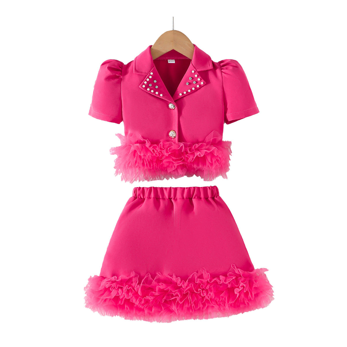 Summer Solid Color Collar Beaded Top Mesh Lace Children's Suit