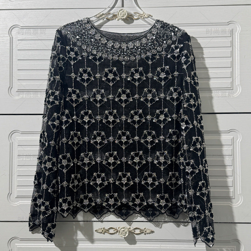 Women's Flower Long Sleeve Pearl Beaded Temperamental Minority Tops