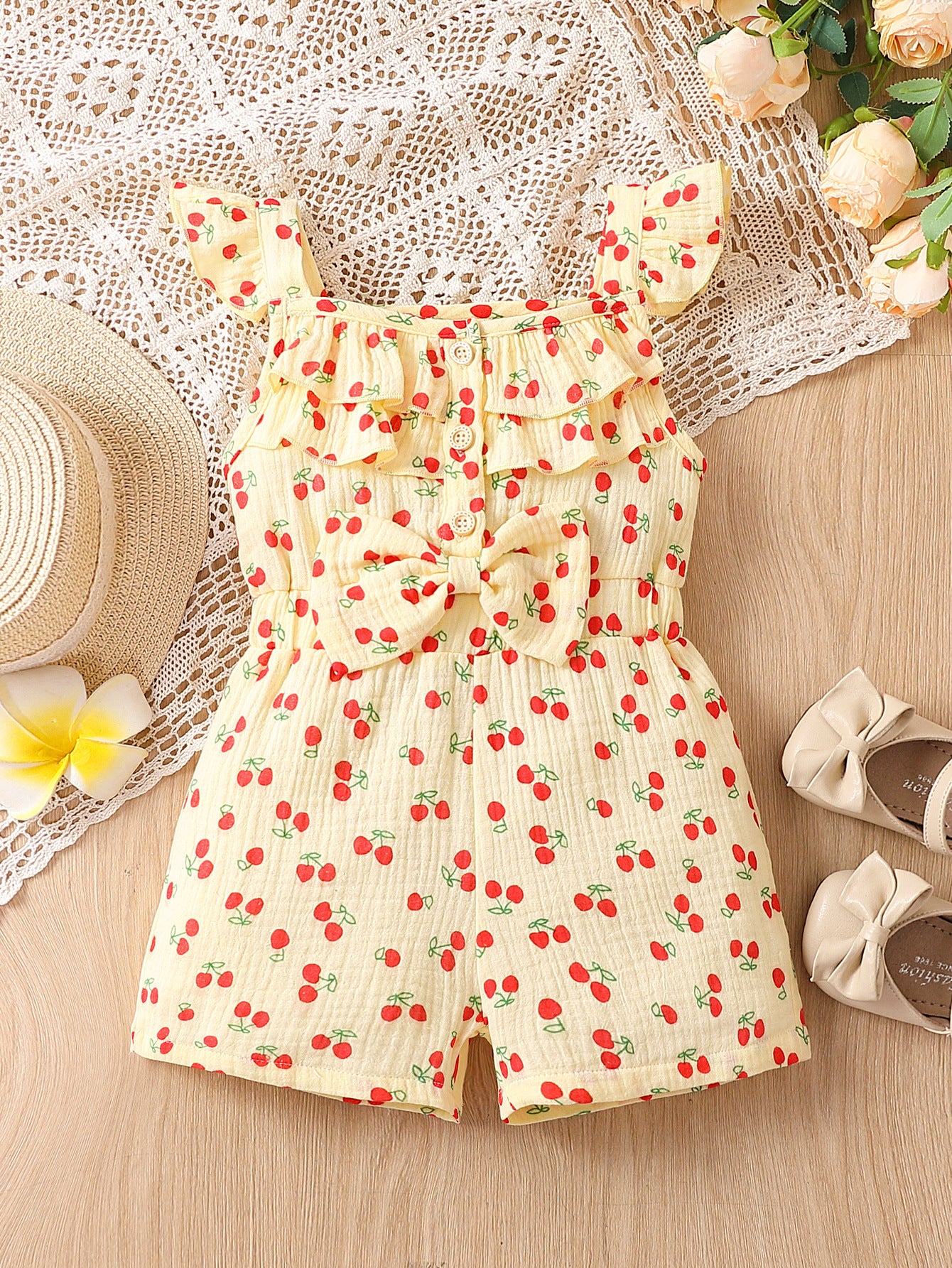 Children's Summer Full Print Little Daisy Flounced Sleeve Single-breasted Jumpsuit Children's Pants