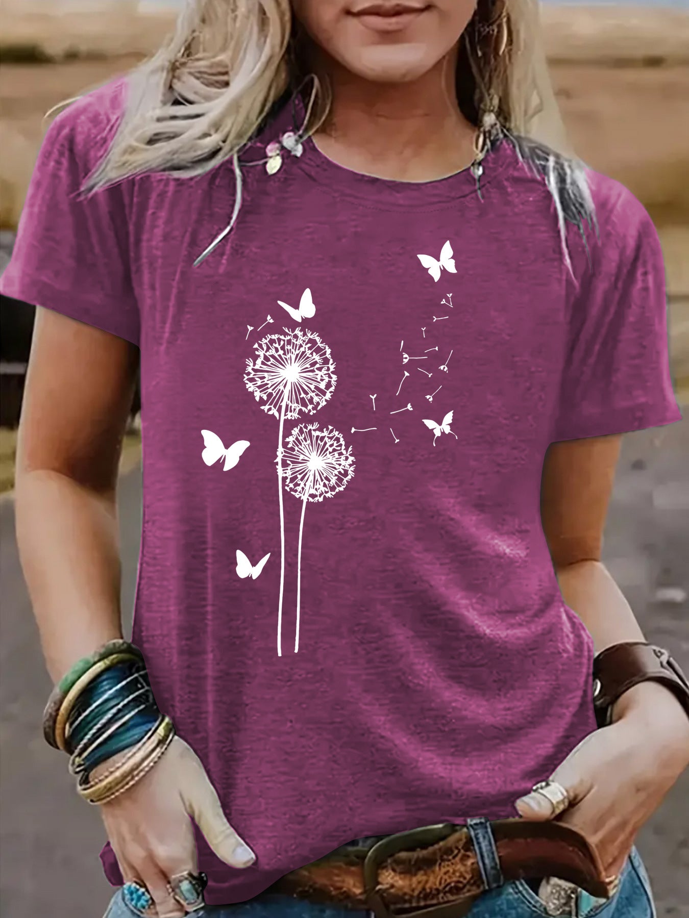 Women's Dandelion Pattern Round Neck Sleeve Casual Shorts