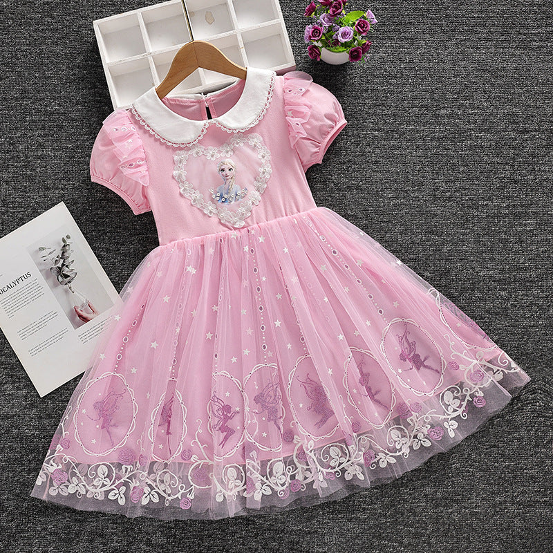 Frozen Elsa Summer Princess Skirt Short-sleeved Cotton Lace Children's Dress