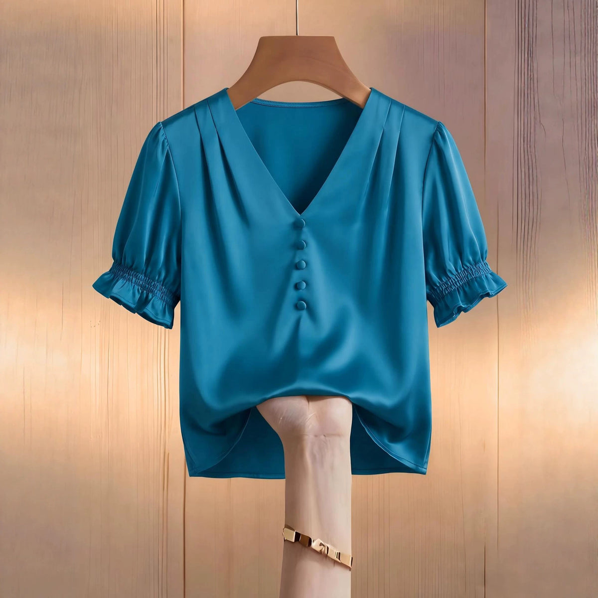 Women's Satin Puff Sleeve Shirt Mushroom Buckle Shorts