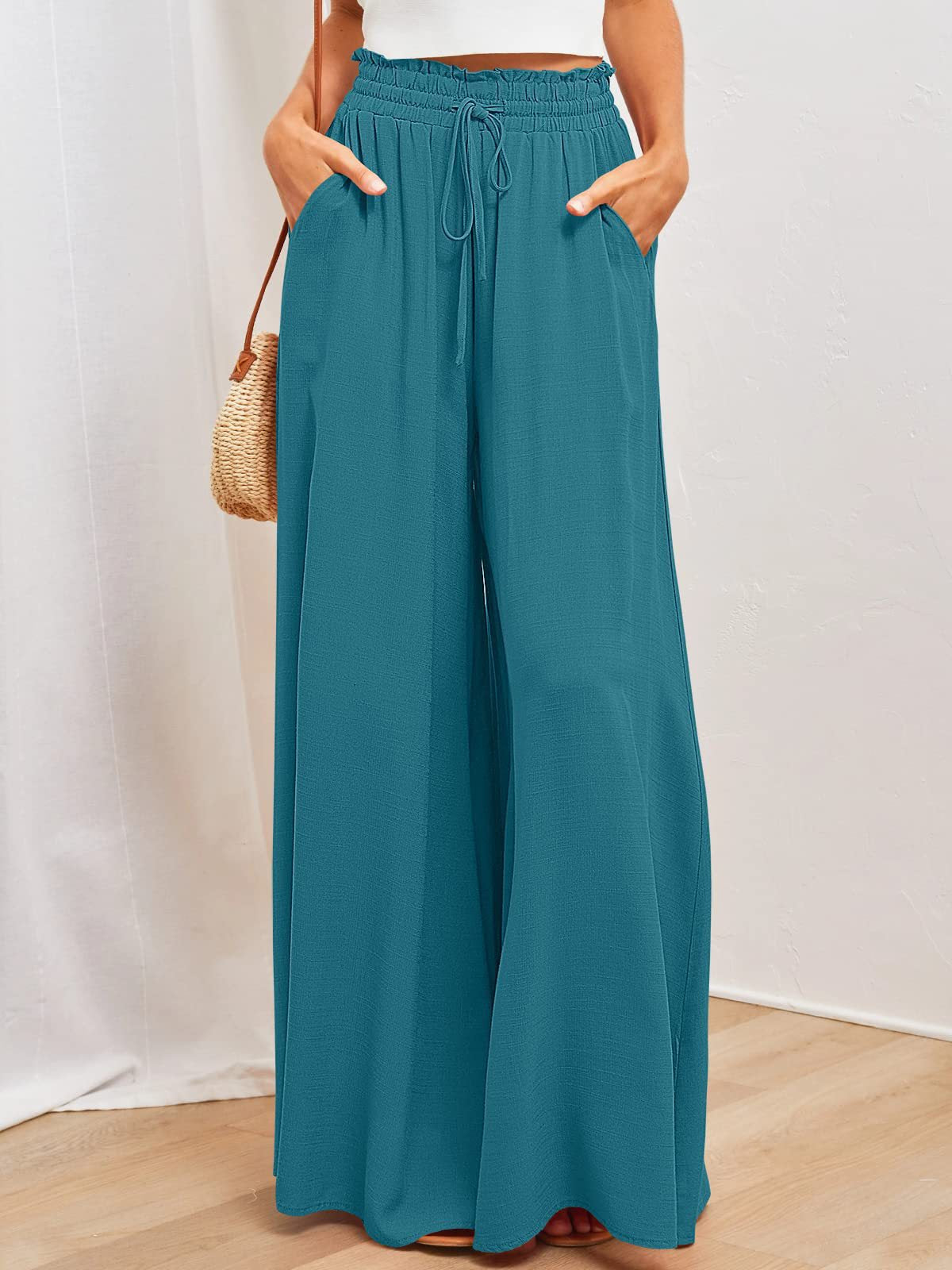 Women's Elastic Waistband Wide Leg High Waist Long Pants