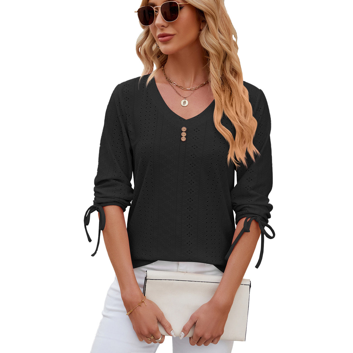 Women's Button Solid Color Half Sleeves Loose-fitting Women's T-shirt