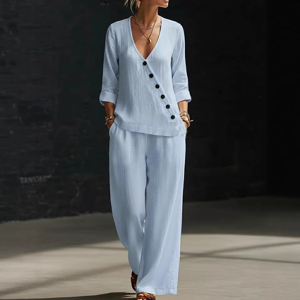 Women's Loose Diagonal Button Shirt Wide Leg Two-piece Fashion Casual Suit