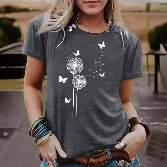 Women's Dandelion Pattern Round Neck Sleeve Casual Shorts