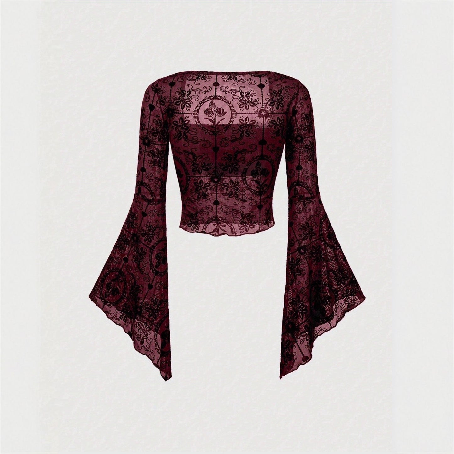 Sexy Mesh Long Sleeve Flared Sleeves Lace Shirt, Chiffon Shirt