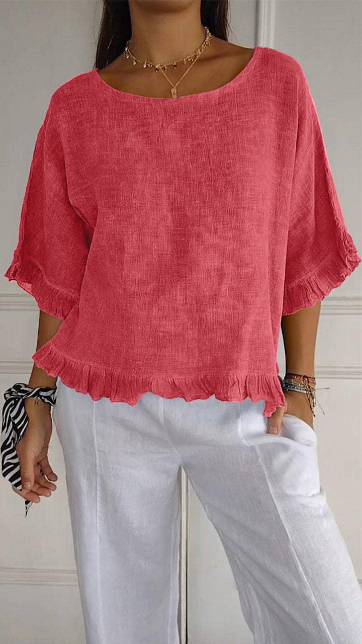 Women's Sleeve Stringy Seedge Round Neck Cotton Linen Solid Color Loose Shorts