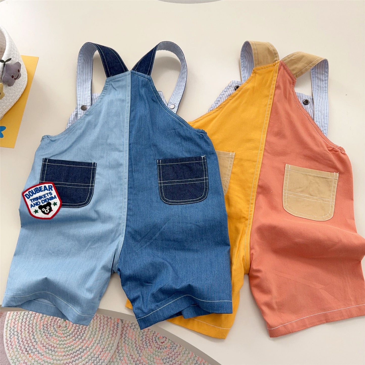 Children's Clothing Summer Cartoon Black Bear Letter Patch Stitching Suspender Children's Pants