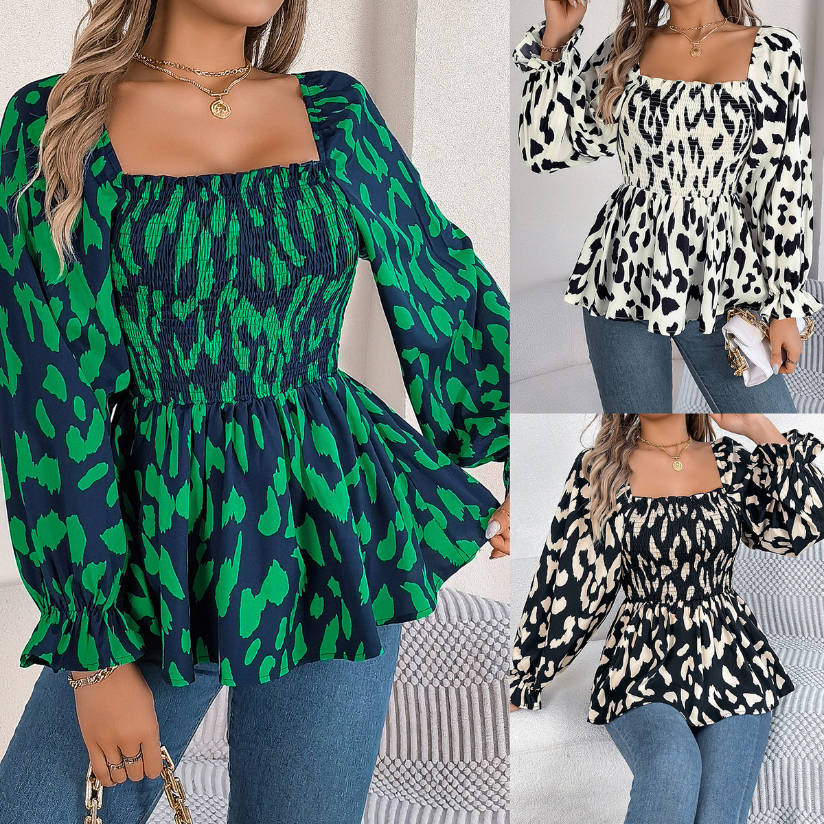 Women's Ear Square Collar Leopard Print Long Clothing