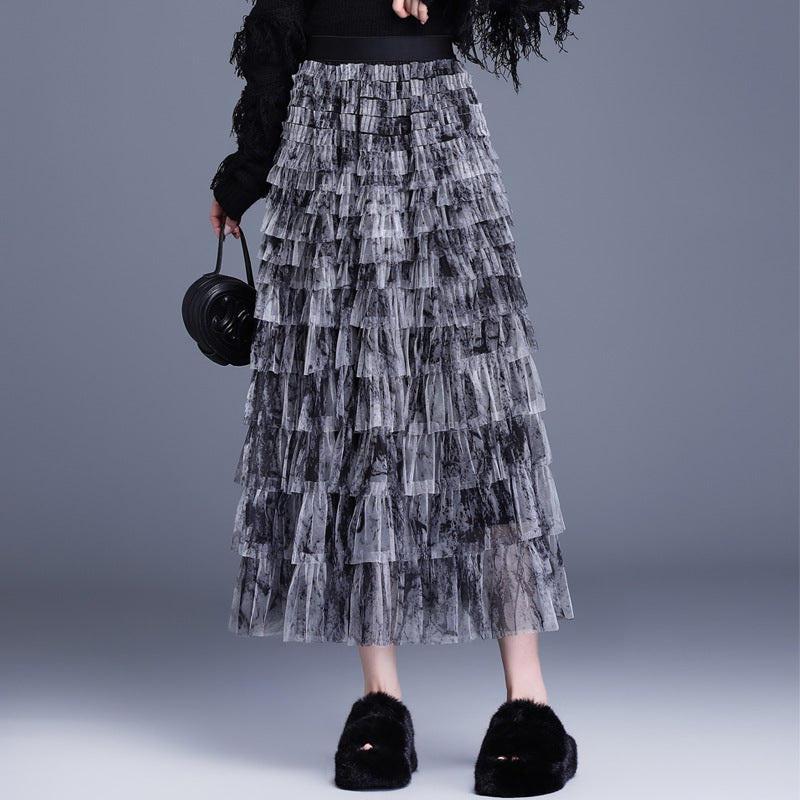 Women's Design Gradient Color Mesh Autumn Cake Dress A- Skirt