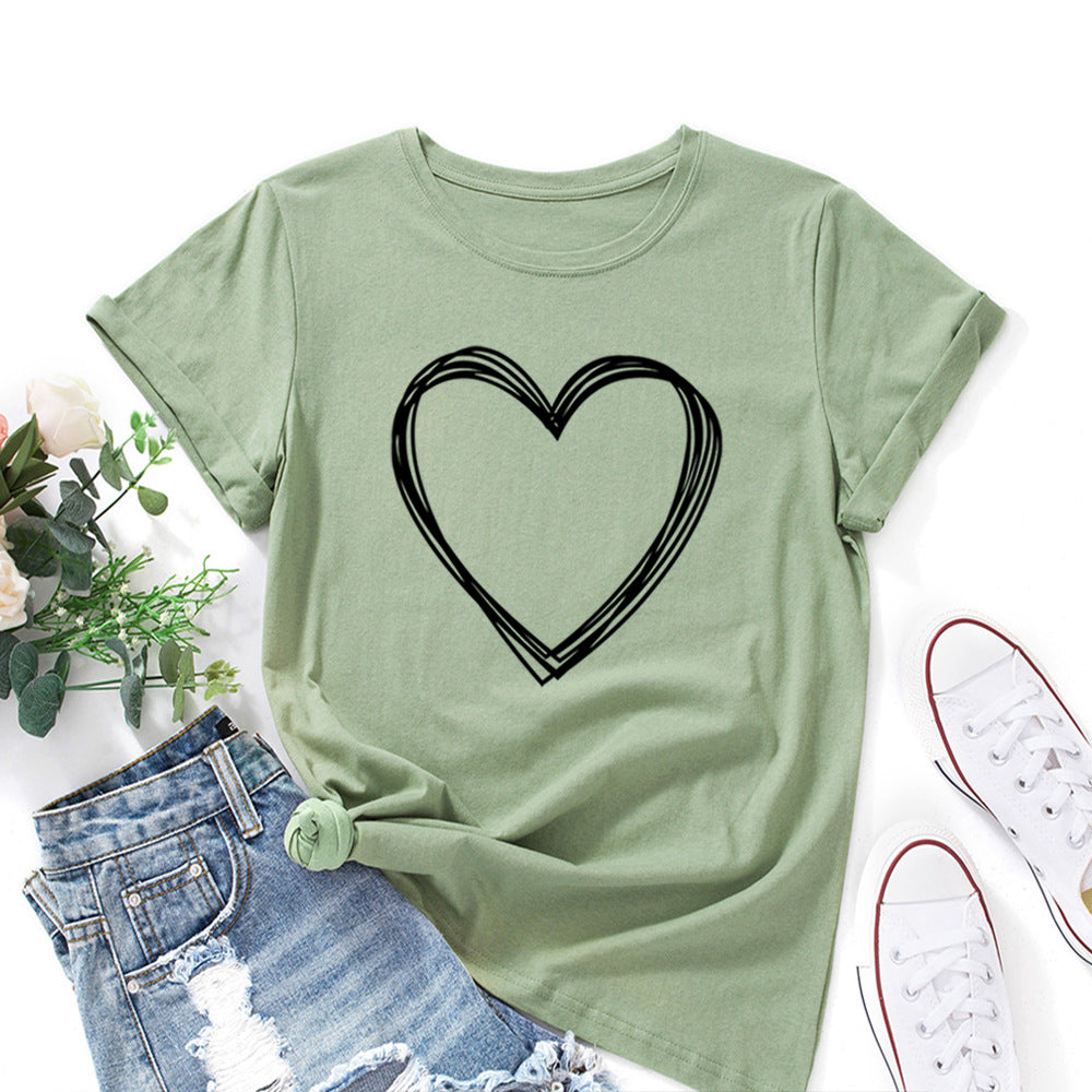 Women's Creative Heart Printed Loose Round Neck Women's T-shirt