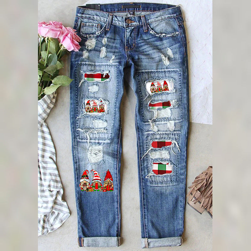 Women's Fashion Holes Printed Patch Straight Jeans