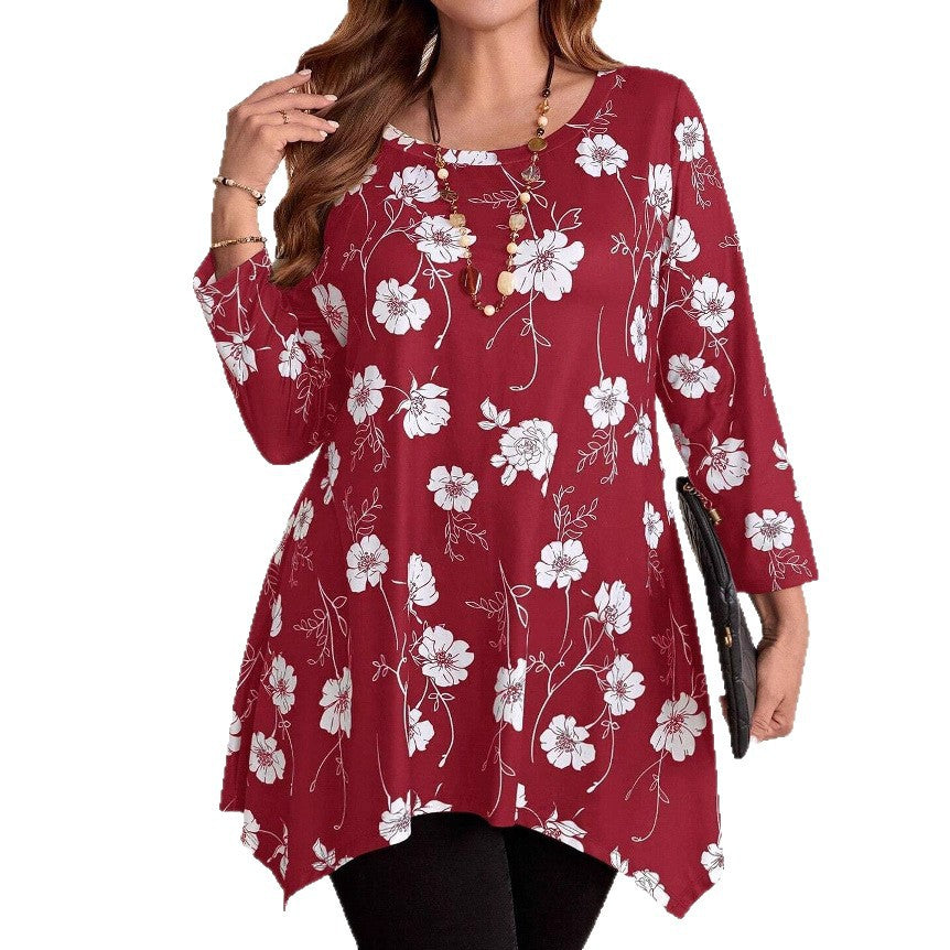 Women's Flower Print Round Neck Asymmetric Hem Long Sleeve Large Size T-shirt