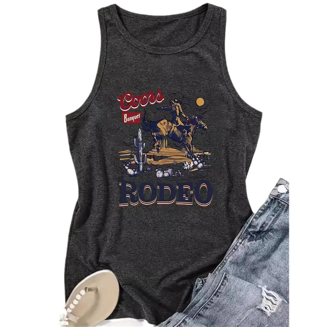 Women's Western Denim Sleeveless T-shirt Round Neck Pullover Vests