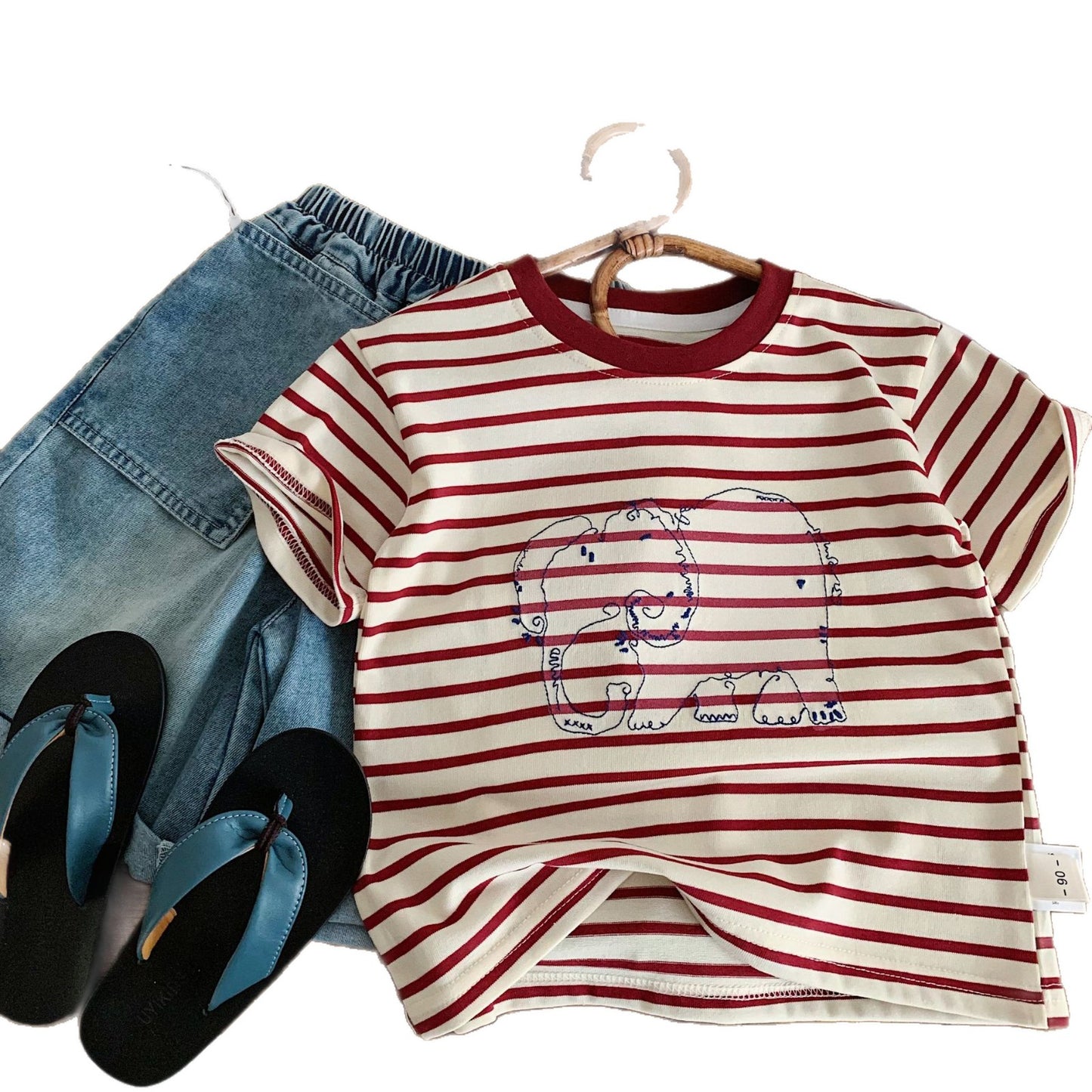 Children's Short-sleeved Summer Embroidered Elephant Striped Western Style Children's T-shirt