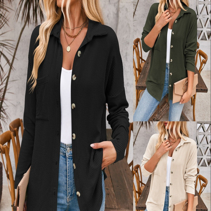 Striped Contrast Color Pocket Long Sleeve Blouse