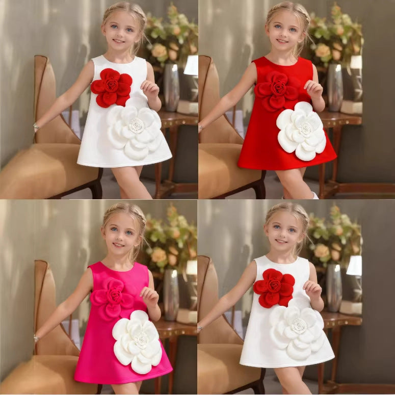 Light Luxury Three-dimensional Red White Flower Vest Children's Dress