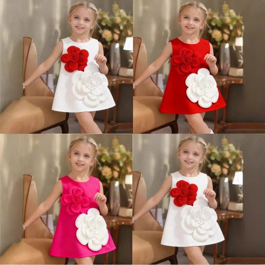 Light Luxury Three-dimensional Red White Flower Vest Children's Dress