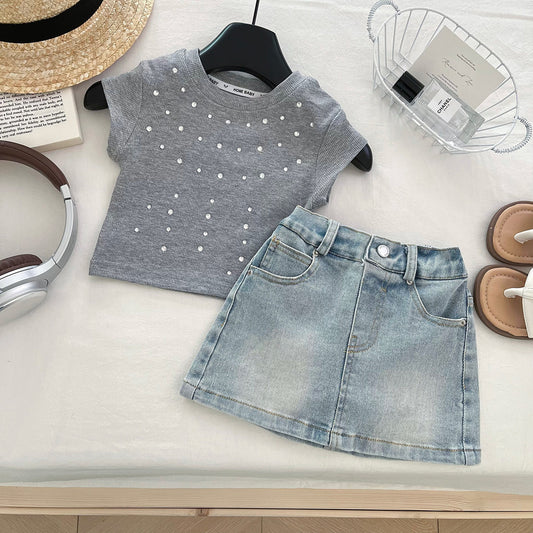 Children's Fashionable Stylish Summer Clothing Denim Skirt Children's Suit