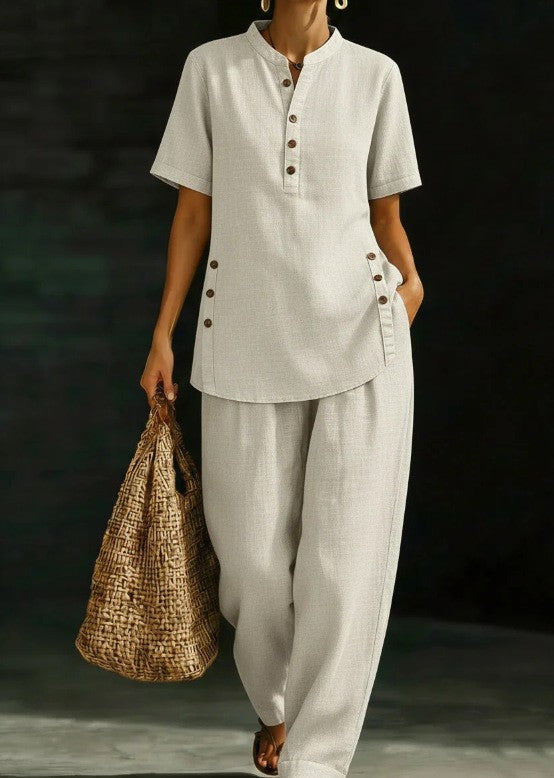 Button Shirt Wide Leg Linen Two-piece Fashion Casual Suit