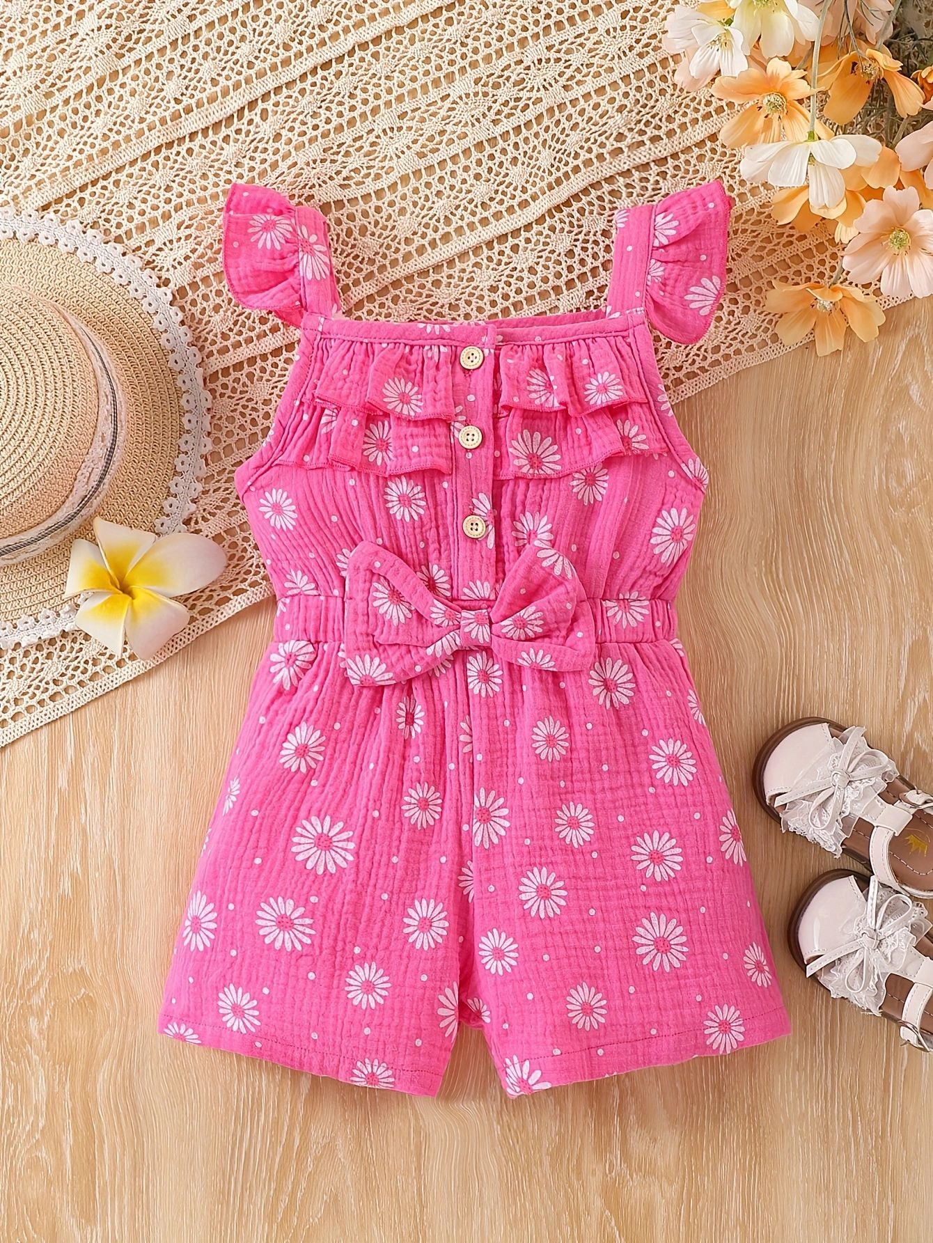 Children's Summer Full Print Little Daisy Flounced Sleeve Single-breasted Jumpsuit Children's Pants