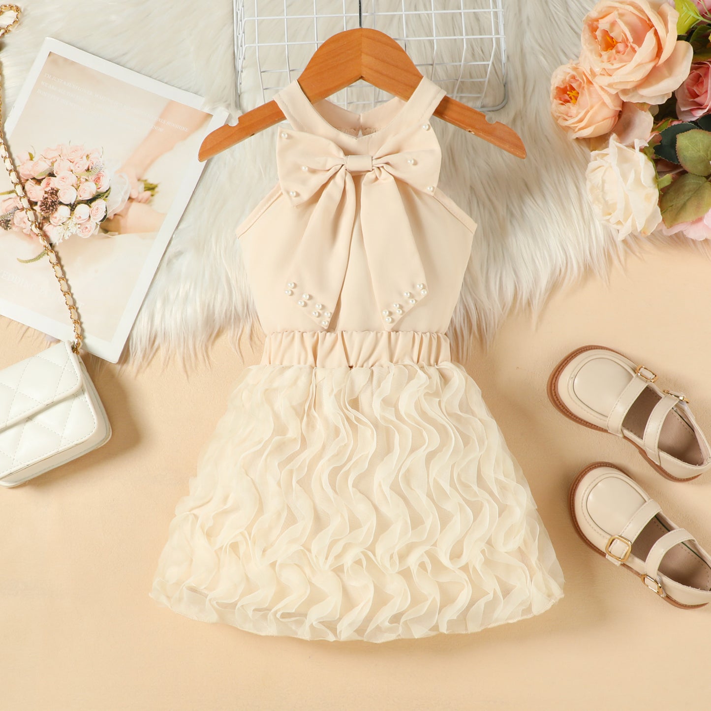 Children's Summer Beaded Bowknot Vest Top Mesh Children's Suit