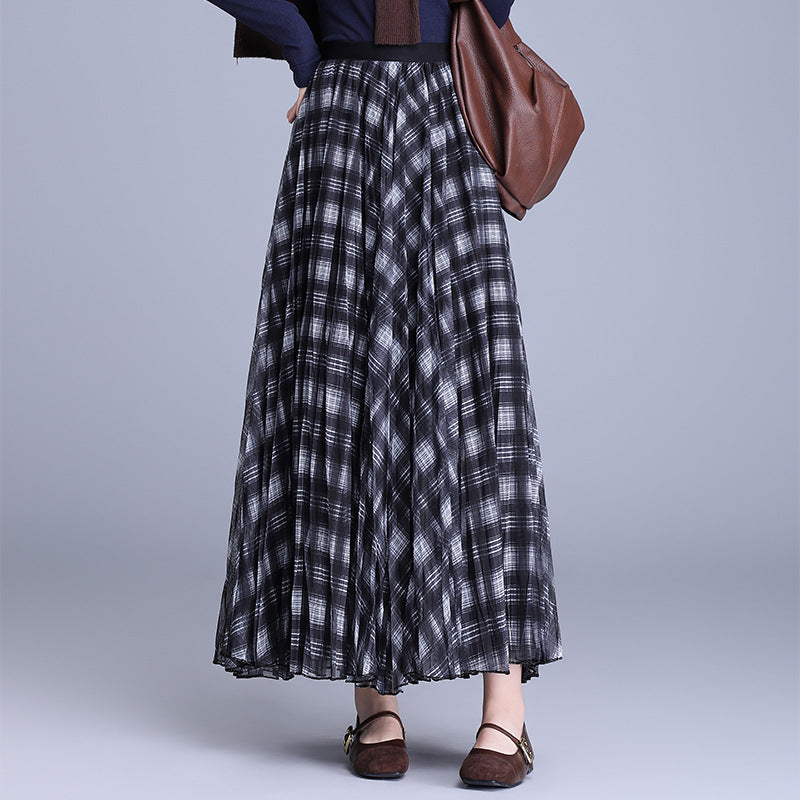Korean Style Pleated Rhombus Encryption Yarn Elastic Waist High Skirts