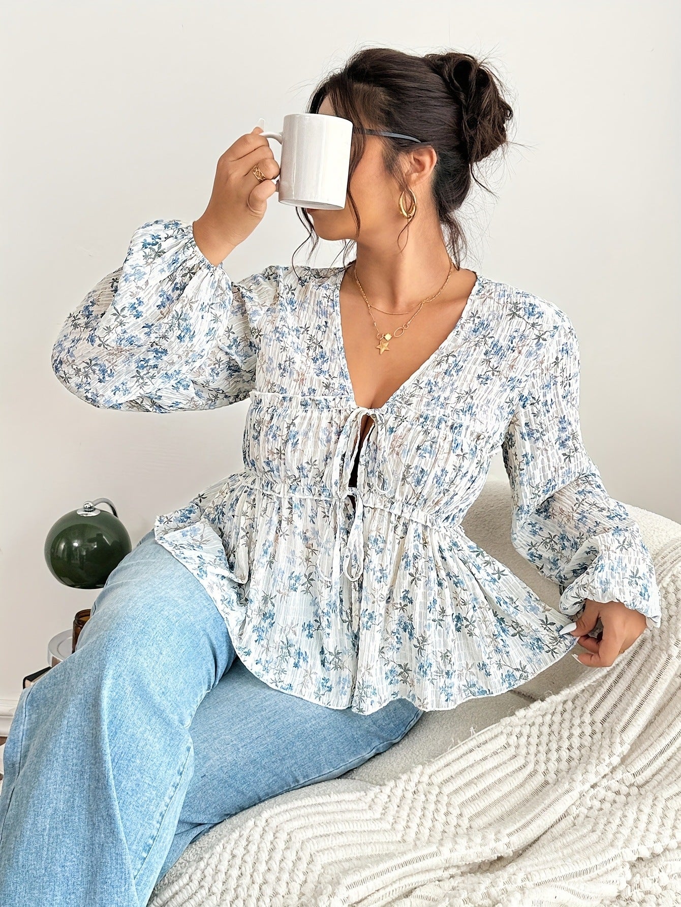 Floral Collar Long Sleeve Pleated Elastic Waist Casual Word With Tops