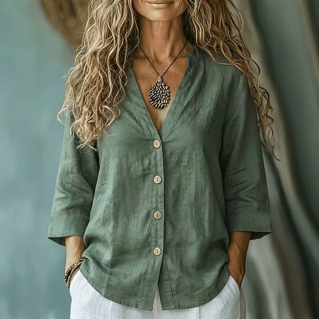 Women's Autumn Casual Loose Collar Button Linen Blouse