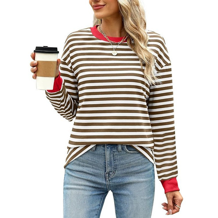 Women's Fashion Color Contrast Loose Round Neck Women's T-shirt