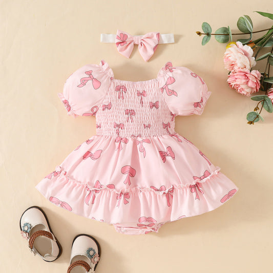 Pink Smocking Craft Short Sleeve Triangle Gown Bow Printed Square Jumpsuit, Climbing Suit