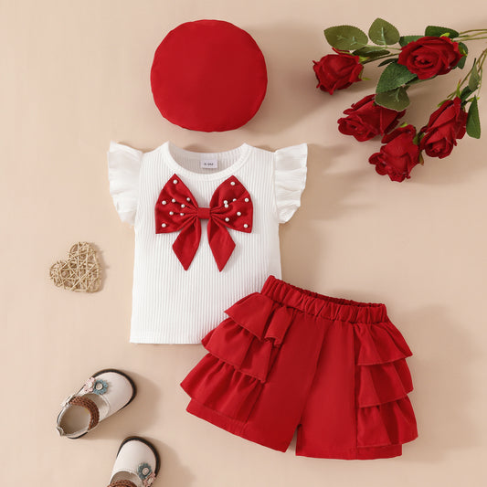 Big Bow Sleeveless Sunken Stripe Top Lace Shorts Beret Children's Suit