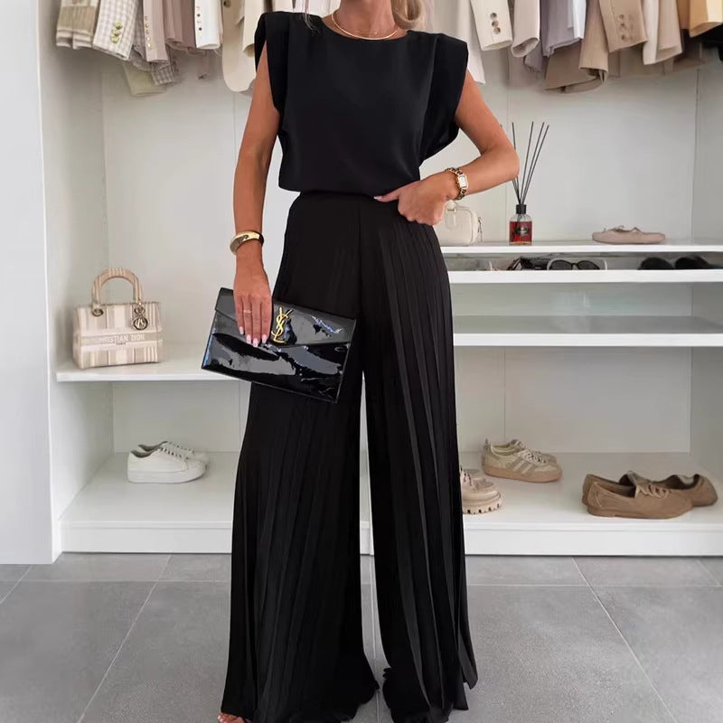 Women's Round Neck Sleeveless Wide Leg Two-piece Fashion Casual Suit