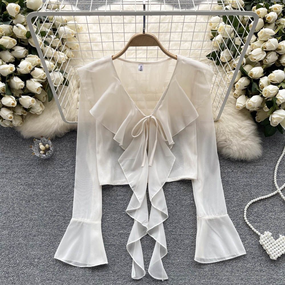 Women's Style Super Fairy Mesh Bow Strap Lace Shirt, Chiffon Shirt