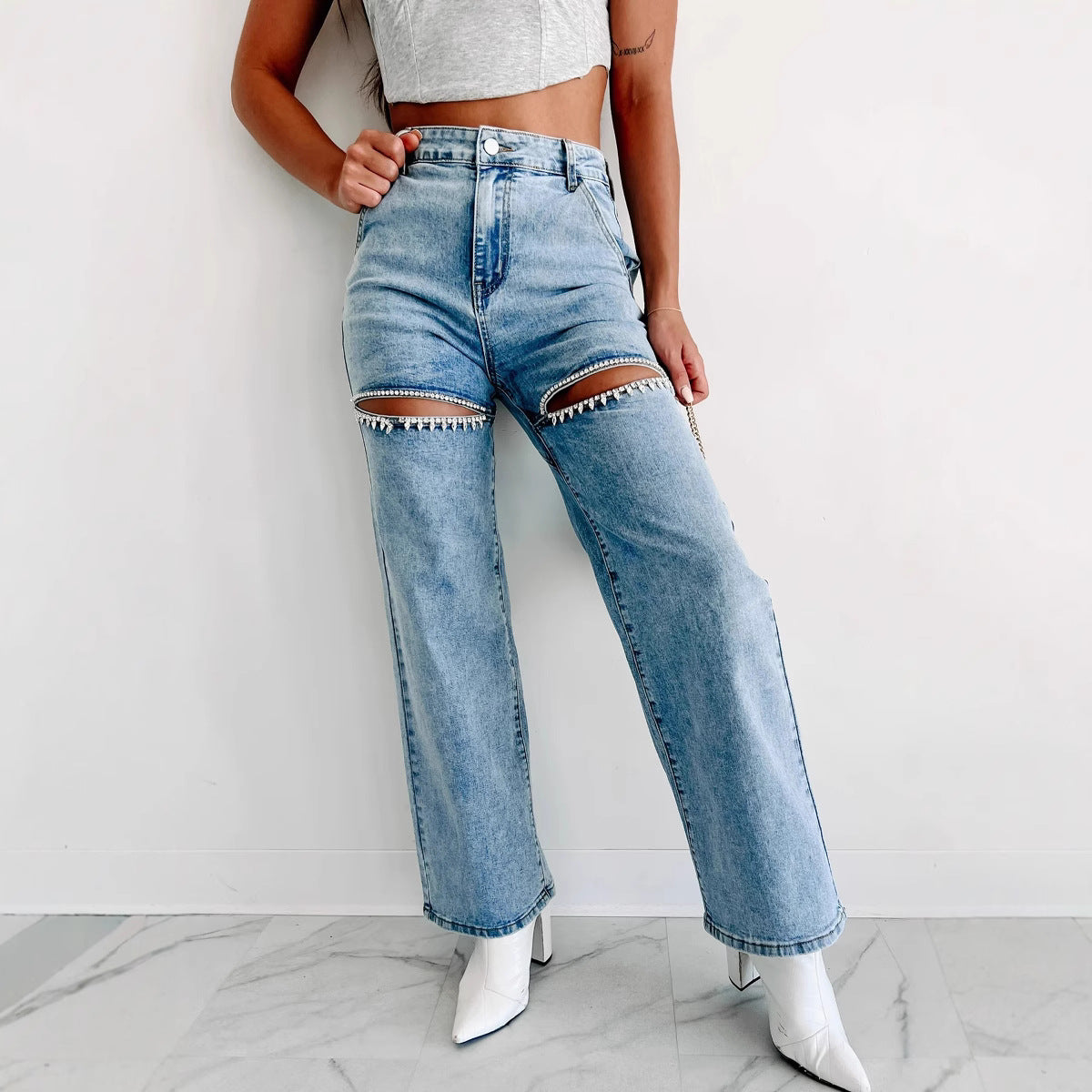 Women's Chain Ripped Straight Washed Fashion High Women's Jeans