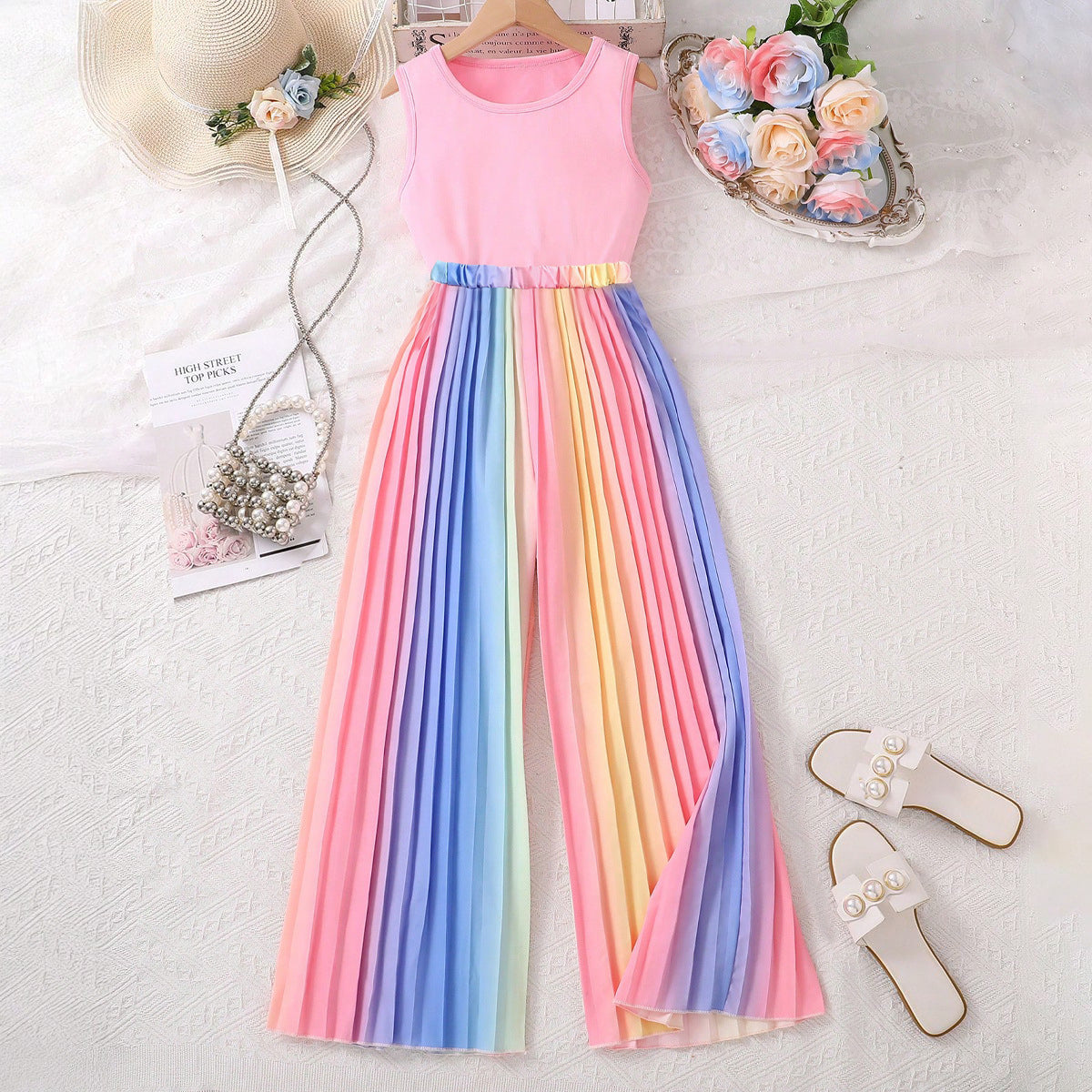 Summer Short Sleeveless Vest Color Gradient Pleated Trousers Teens Children's Suit
