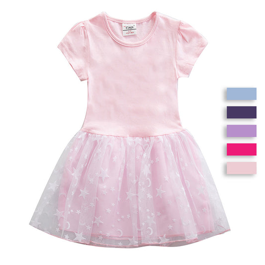 Children's Summer Short-sleeved Solid Color Tulle Little Children's Dress