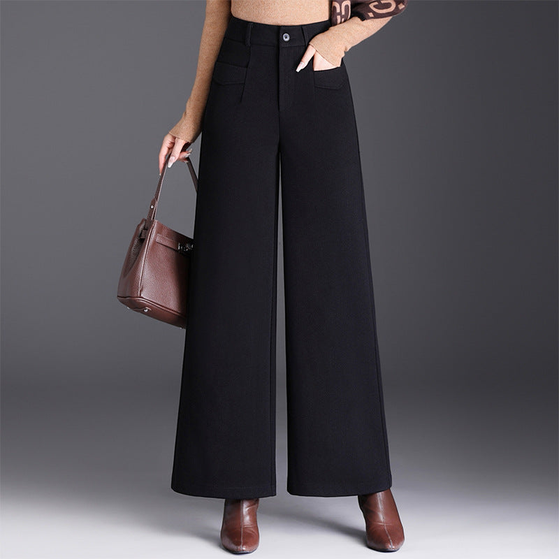 Women's Hiding Woolen Fleece-lined High Waist Slimming Loose Straight Pants