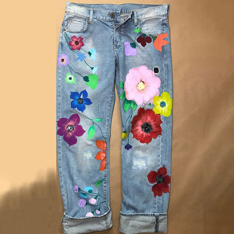 Women's High Quality Blockbusters Exquisite Printing Denim Straight Go Out Pants