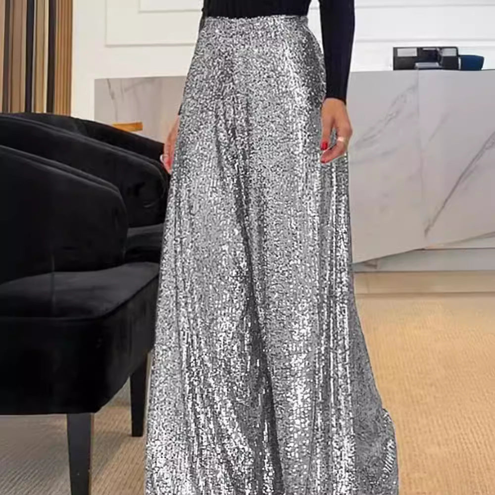 Elegant Commuter Everyday Style Solid Color Shiner Wide Leg Casual Pants