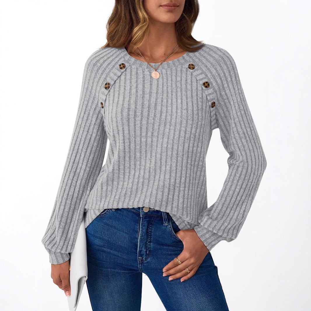 Women's Stripe Fashion Knit Long Sleeve Button Women's T-shirt